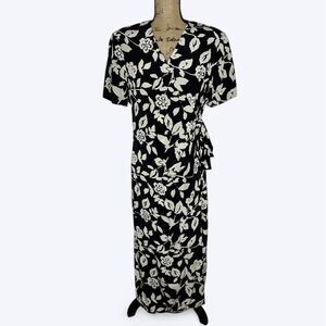 Vintage Adrianna Papell 100% Silk Maxi Dress Womens 12? Black Floral Faux Wrap